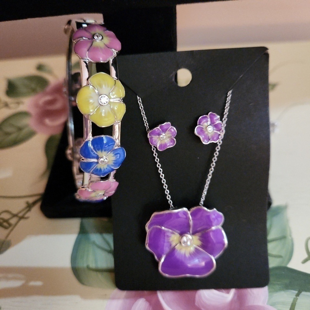 Diamonique Enamel Pansy Earrings Bracelet Pin Pendant Set Sterling Silver
